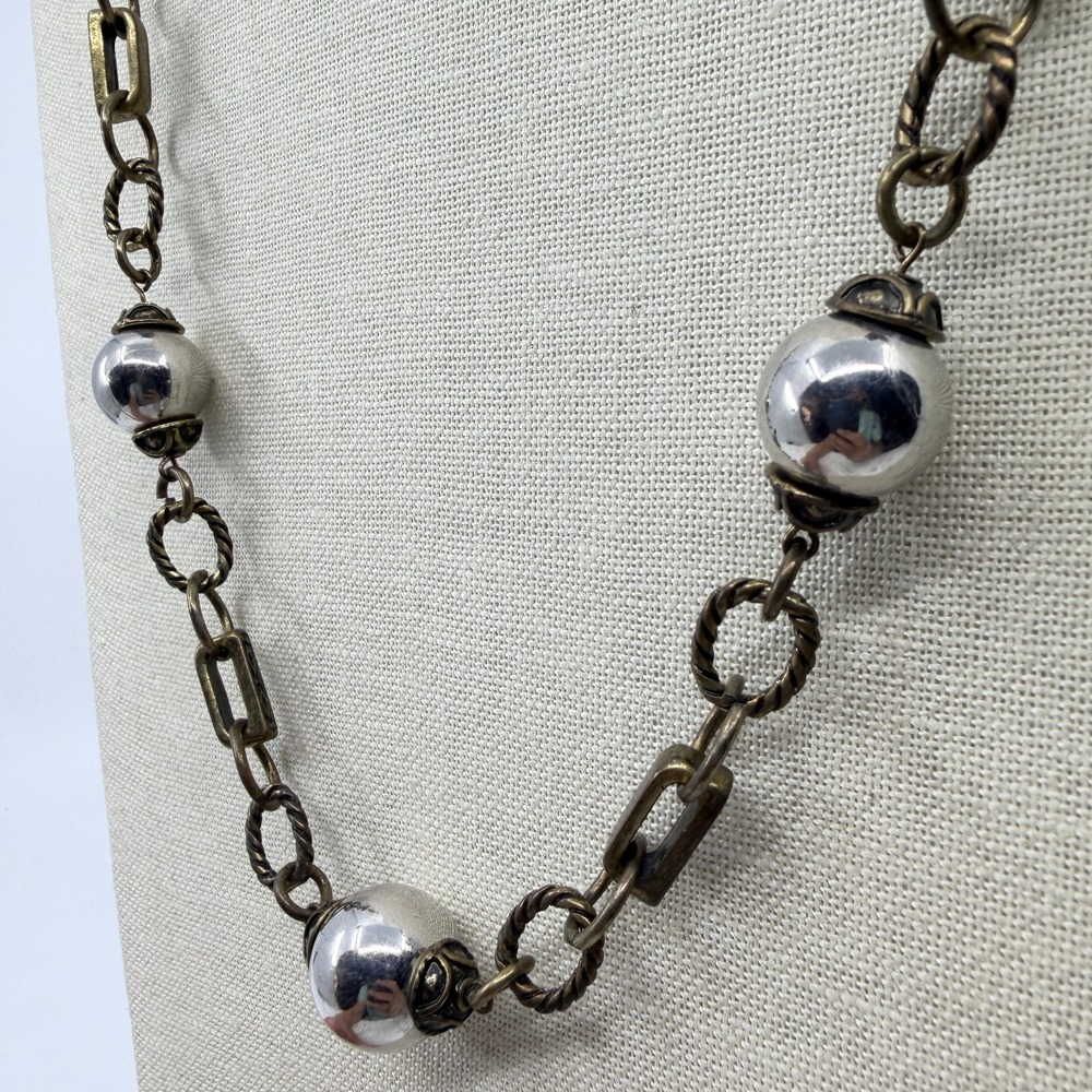 Boho Statement Mixed Metal Bead Link Necklace Gold & Silver Tone Accent Long - Picture 7 of 13